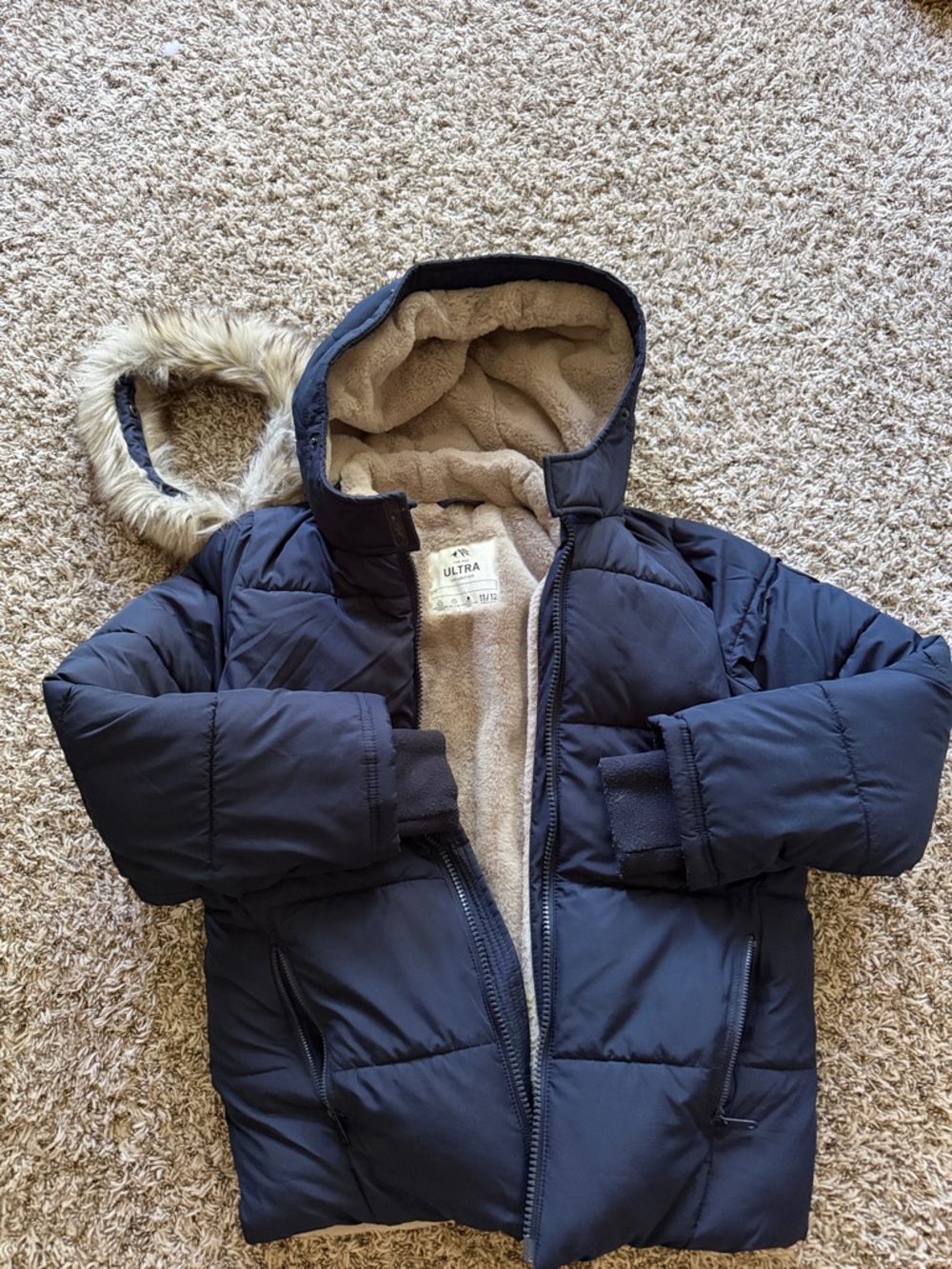 Abercrombie & Fitch Kids Navy Puffer Coat with Faux Fur Hood